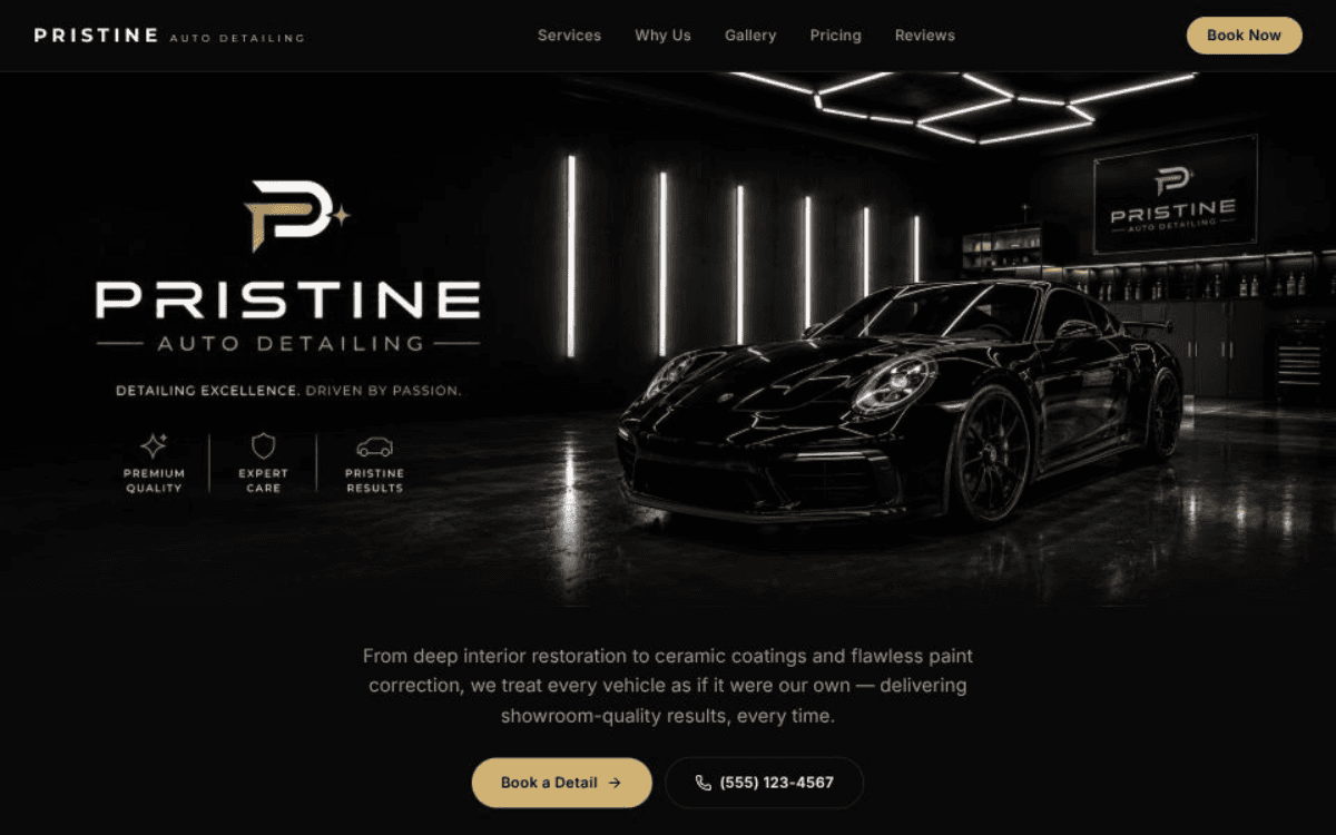Pristine Auto Detailing website, mobile car detailing services