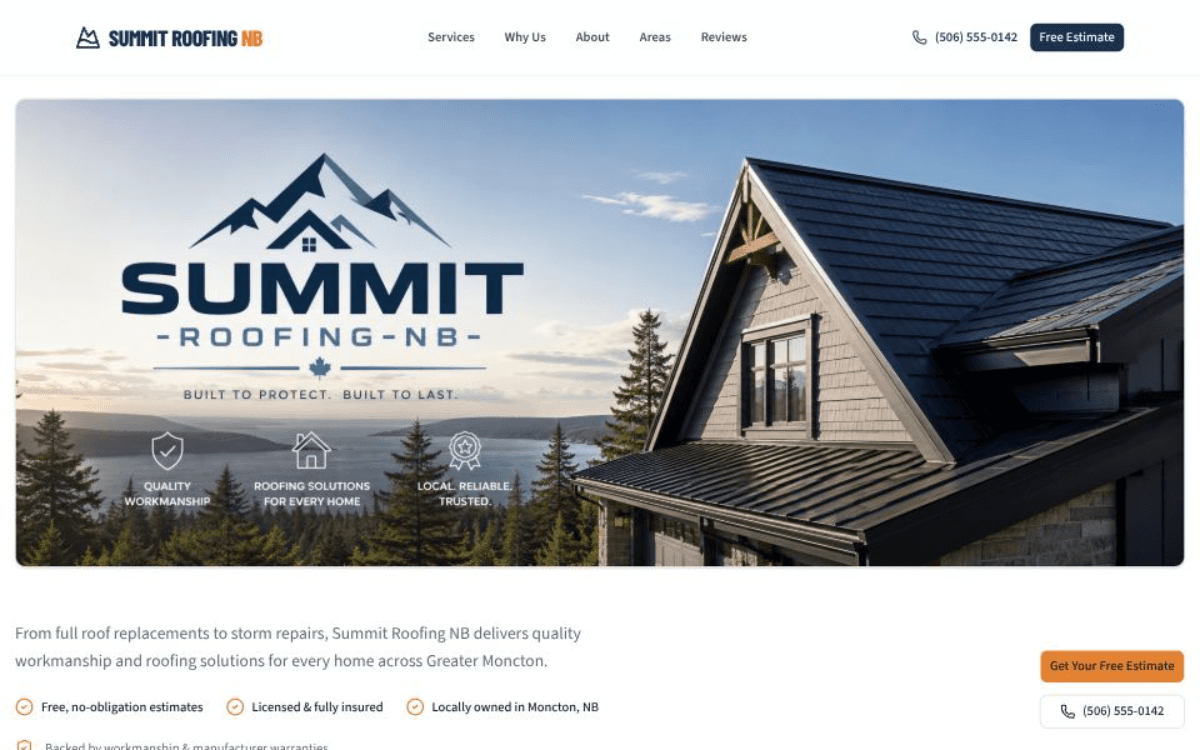 Summit Roofing NB website — roofing contractor services
